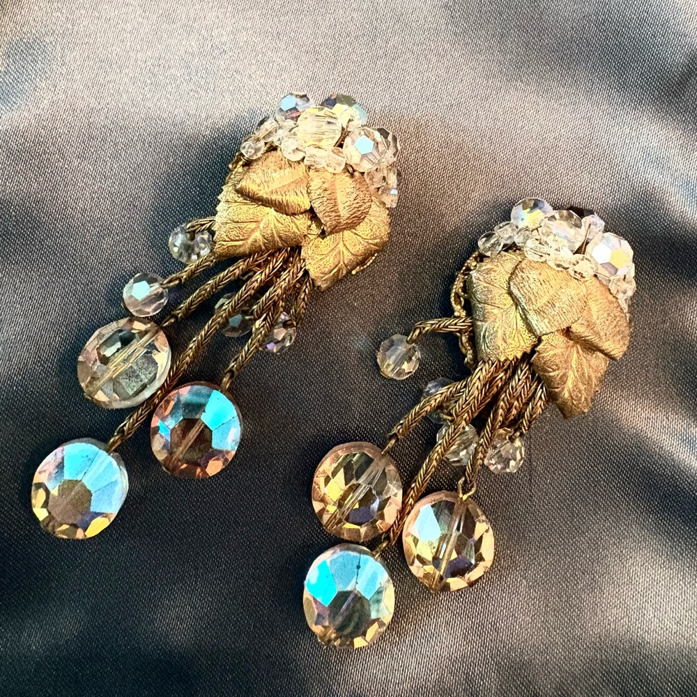 Vintage Clip  and AB Crystal Leaf Earrings